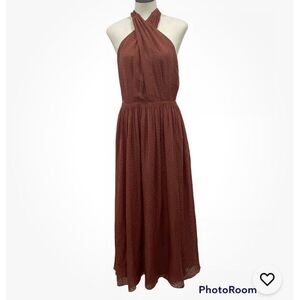 Kate‎ Spade New York silk halter midi dress warm caramel, clip dot, size 4